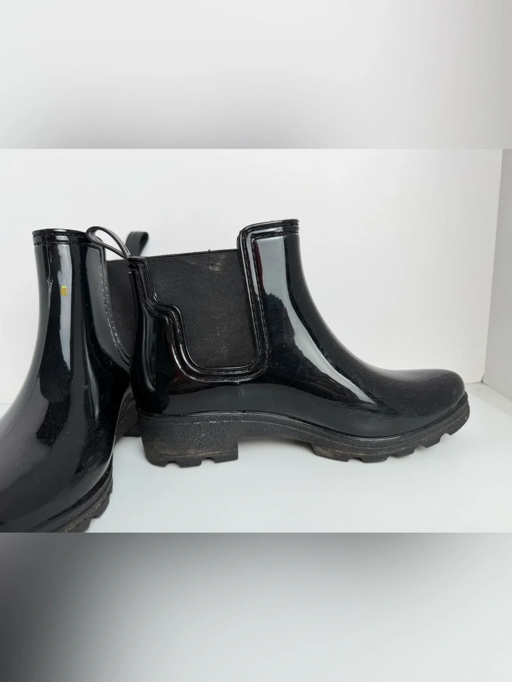 Black Glossy Chelsea Rain Boots Lug Sole Waterproof Ankle Boots EU 40 US 9